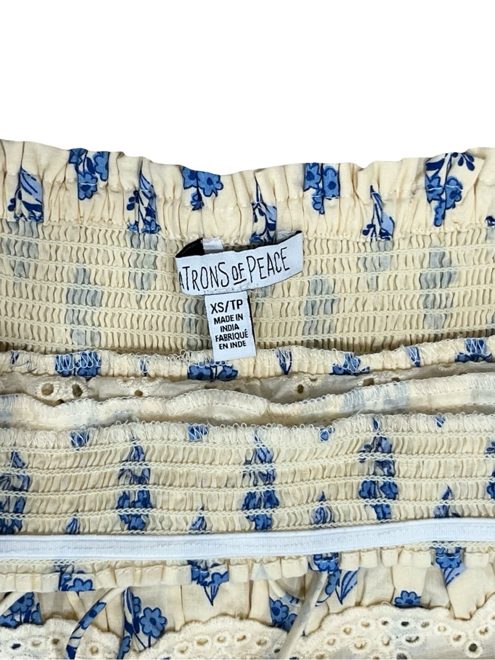 Patrons of Peace Cream Blue Floral Cotton Mini Dress XS Cottagecore Boho Prairie - Picture 6 of 11